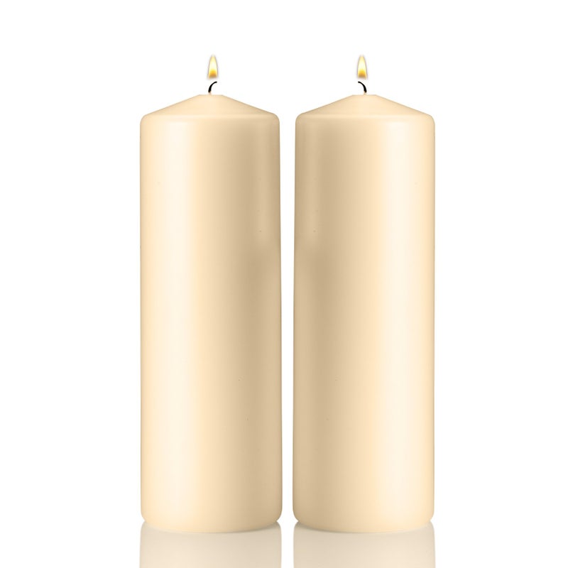 Light In The Dark Ivory Pillar Candles - Set of 2 Unscented Candles - 9 inch Tall, 3 inch Thick - 90 Hour Clean Burn Time